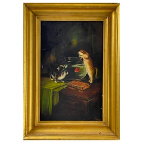Antique Oil on Board Still Life Feline Painting Signed A. Guertin