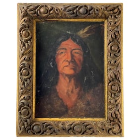 Antique Oil on Board Painting of Native American Indian Chief
