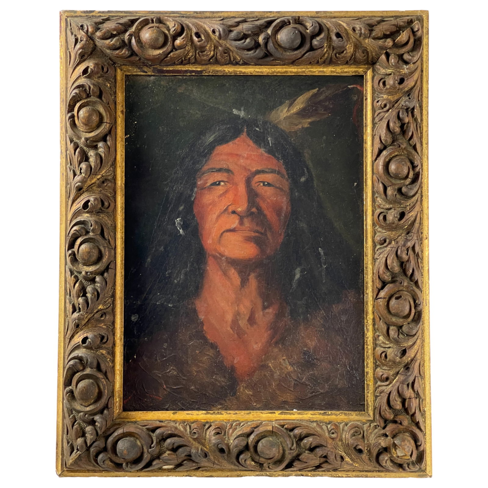 Antique Oil on Board Painting of Native American Indian Chief (1 of 4)