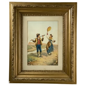 Carlo Ferranti (Italian, 19th Century) – Shepherd Boy Courting Young Girl, Watercolor on Paper,
