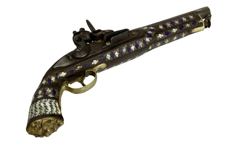 Antique 17th Century Flintlock Pistol with Mother-of-Pearl Inlay and Lion Mark, 16" Length