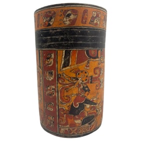 LARGE HAND PAINTED MAYAN POLYCHROME POTTERY CYLINDER VESSEL  RITUAL SCENE