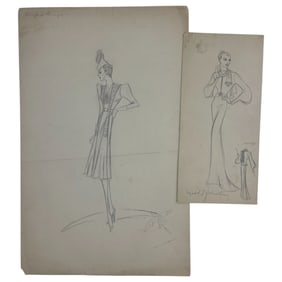 Costume Illustration Sketch Drawing By Mabel E. Johnston lot of 2