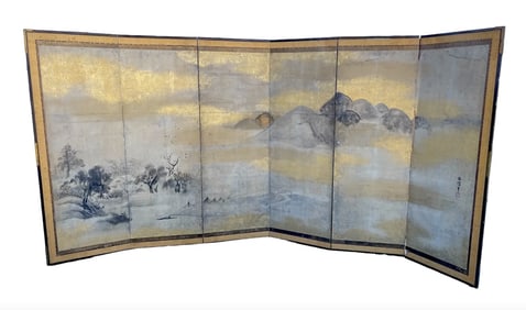 Japanese Six-Panel Folding Screen – Mountains in the Mist with Tree-Lined Foothills