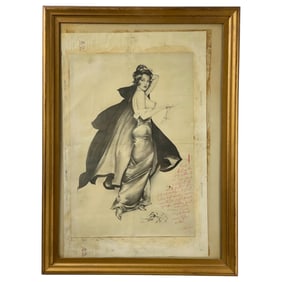 Rare Playboy Magazine Production Art Hand Drawing by Vargas, Signed with Hugh Hefner Note