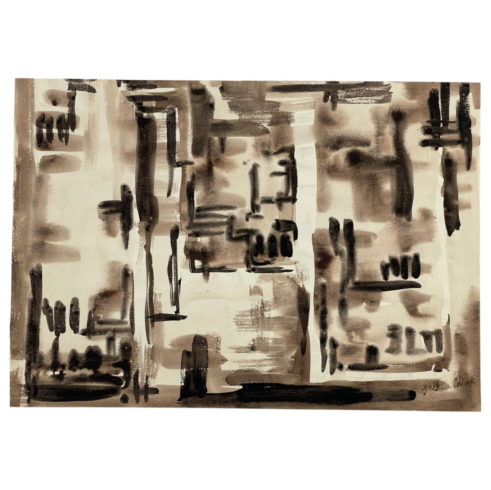 Jackson Pollock Signed Watercolor Painting, 15.5" x 11", Signed Lower Right: Rare and striking watercolor painting attributed to Jackson Pollock (American, 1912–1956), one of the most influential figures of Abstract Expressionism. This work measures 15.5" x 11" and is execut