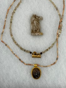 Ancient Stone Bead and Crystal Necklaces with Gold Pendants