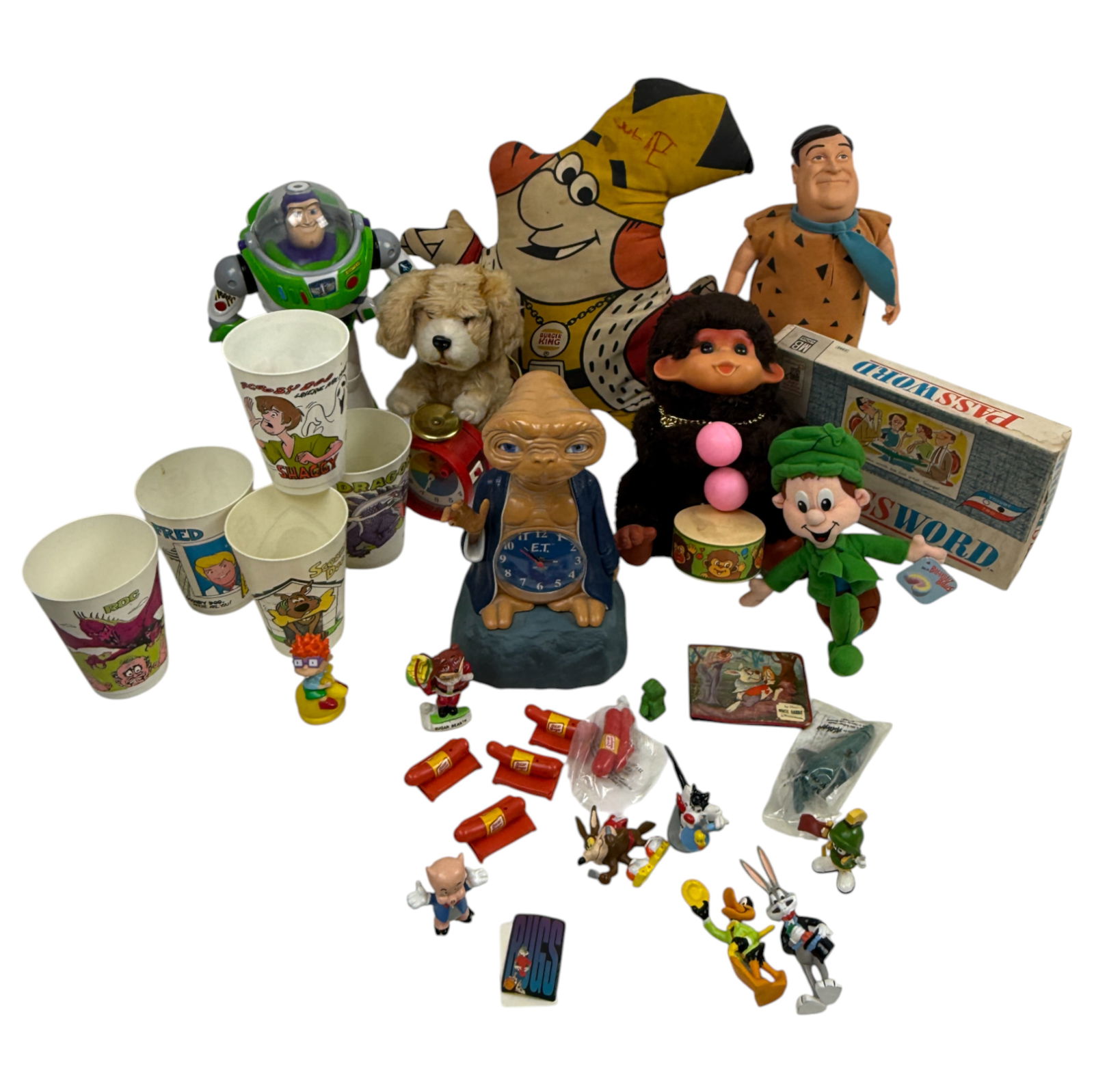 Vintage Toys An Drummer Animals: Includes Vintage japanese Drummer Monkey ALPS, ET Alarm Clock 1982 Nelsonic toys(missing 1 finger), Fred Flinstone, Buzz Lightyear, Burger king king Plushie, Vintage metal model cars, luky charms lepr