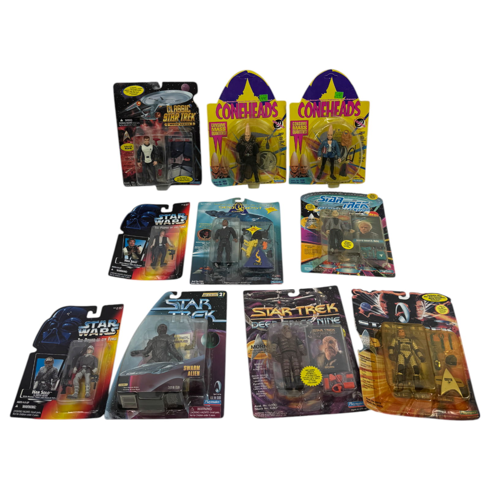 Vintage Collection of Action Figures From Star Trek: includes 10 Action Figures From Star Trek, Star Wars, and Coneheads, includes several sealed unpunched action figures