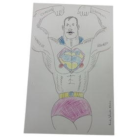 Randy Coleman Double-Sided Superman in Pink Pen and colored pencil sketch on paper, backside is just