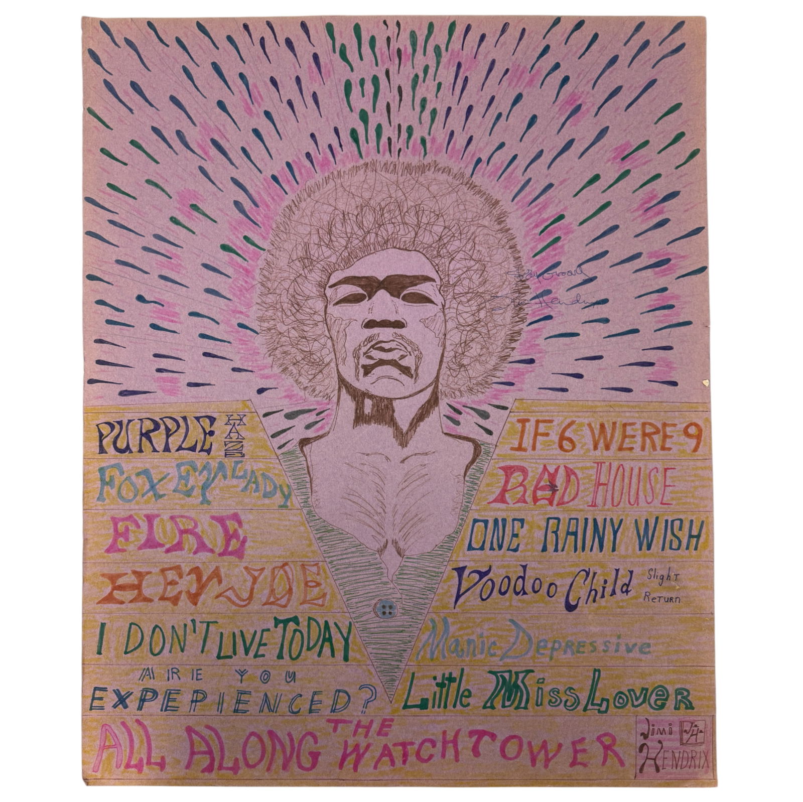 Jimi Hendrix Signed Illustration Art Drawing Rare (1 of 3)