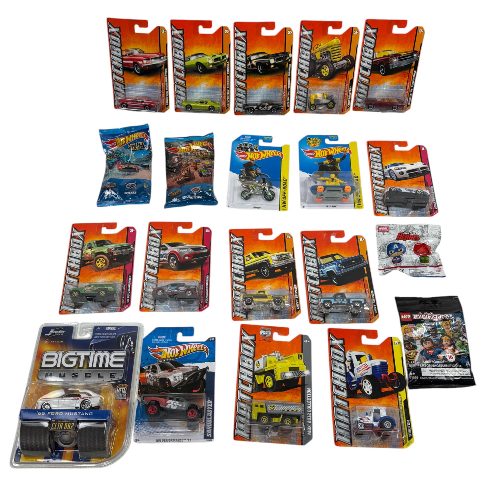 Hot Wheels and Matchbox & Muscle Machines MBX Metal Cars Lot: Comes With 20 pieces, includes a pint sized hero and lego minifigure