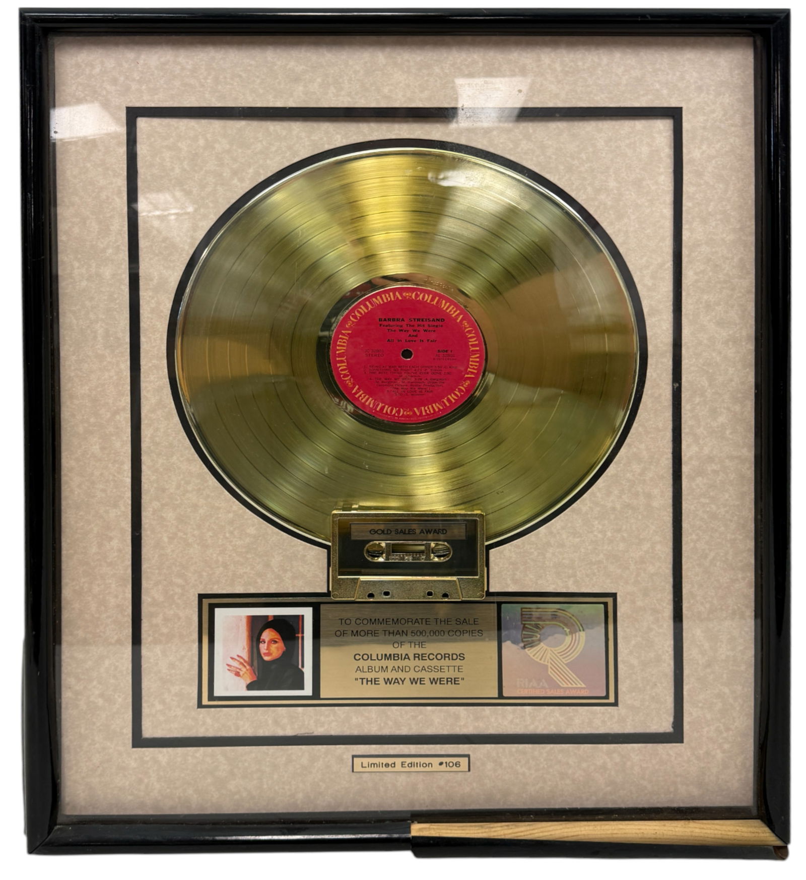 Vintage Award presented to Barbara Streisand in 1974 "The Way We Were"  Gold Sales (1 of 4)