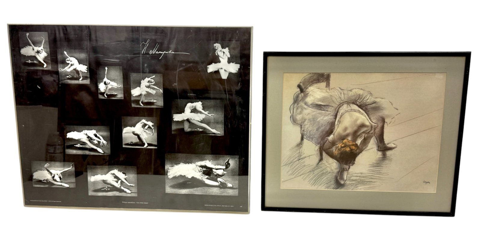 Natalie Makarov Poster The Dying Swan signed at the top righttken by Max Waldman, and a Ballerina: measurements with frame20x23(Degas), and 28x30(Makarov)