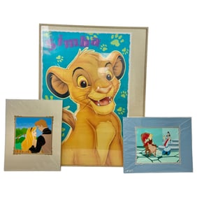 Vintage Disney Poster and Lithographs Simba, Sleeping Beauty, and Cinderella Lithographs