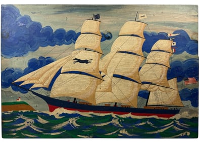 Old American Clipper Ship Oil Painting on Wood American Folk Art