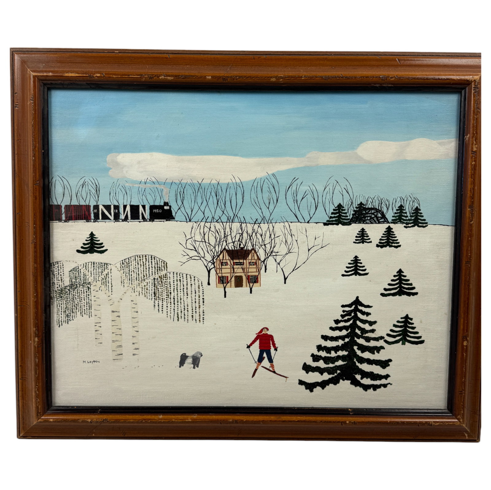 Oil Painting on Canvas signed by M. Leyton Winter Scenery: M. Leyton Winter Scenery Paintiing Folk Art