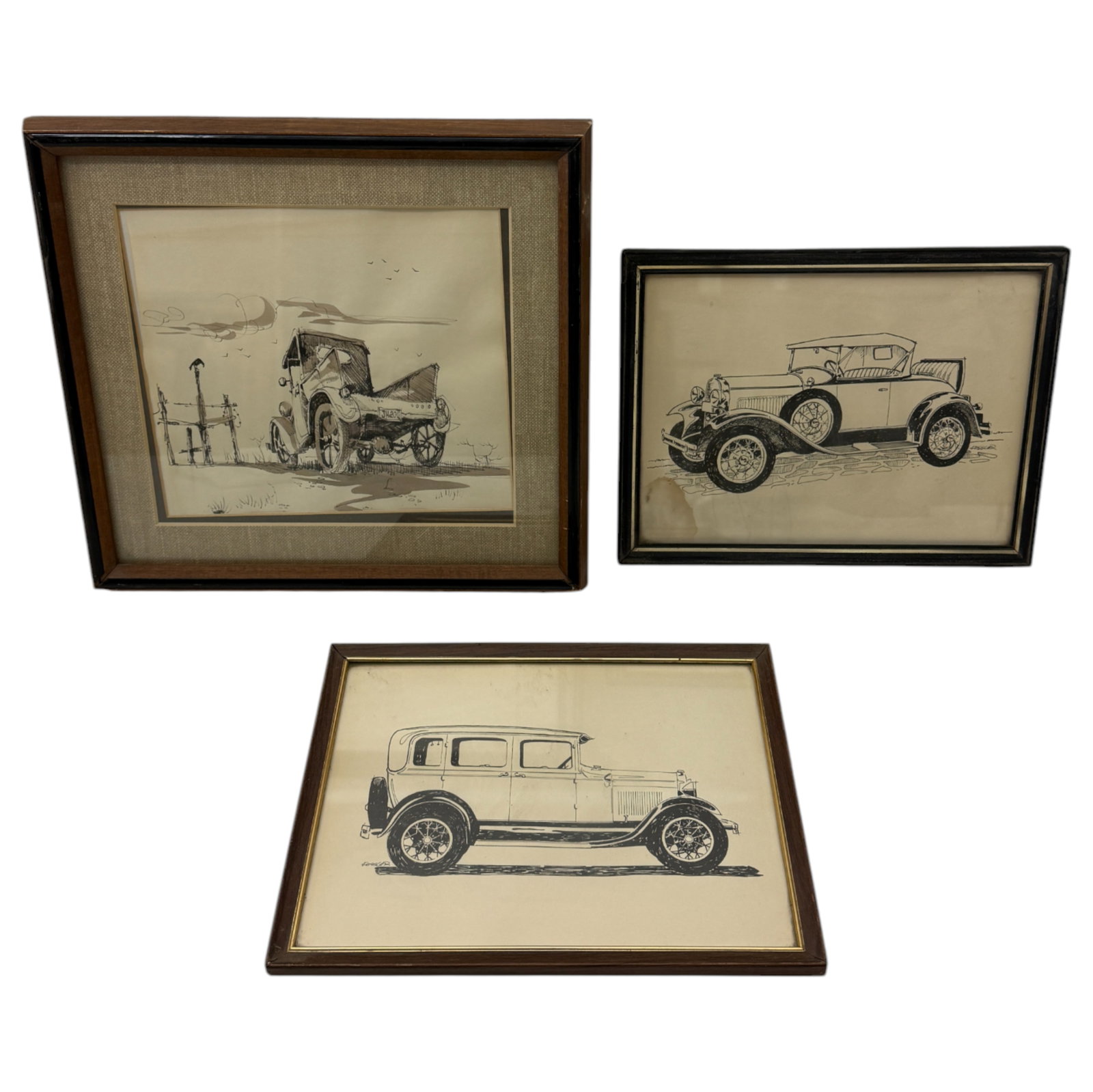 VIntage Ford Illustration Paintings Lot of 3: measurements with frame 9x11, 9x11, and 12x13