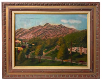 Vintage Mountain an Village Oil on Canvas Painting