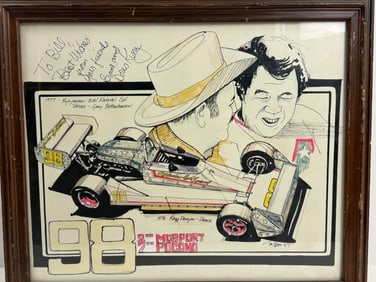 Vintage Illustration Art Sketch Signed 1976 Indie Car Racing Agajanian Grant King Evil Knievel