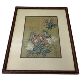 Vintage 1960s Asian Japanese of Songbird sitting on a flower, painted on cork made by an artist