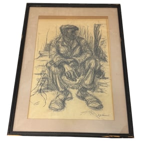Vintage Gennaro Gulluni Seated Figure Charcoal Drawing on Paper