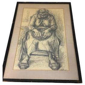Vintage Gennaro Gulluni Seated Figure Holding Basket Charcoal Drawing on Paper