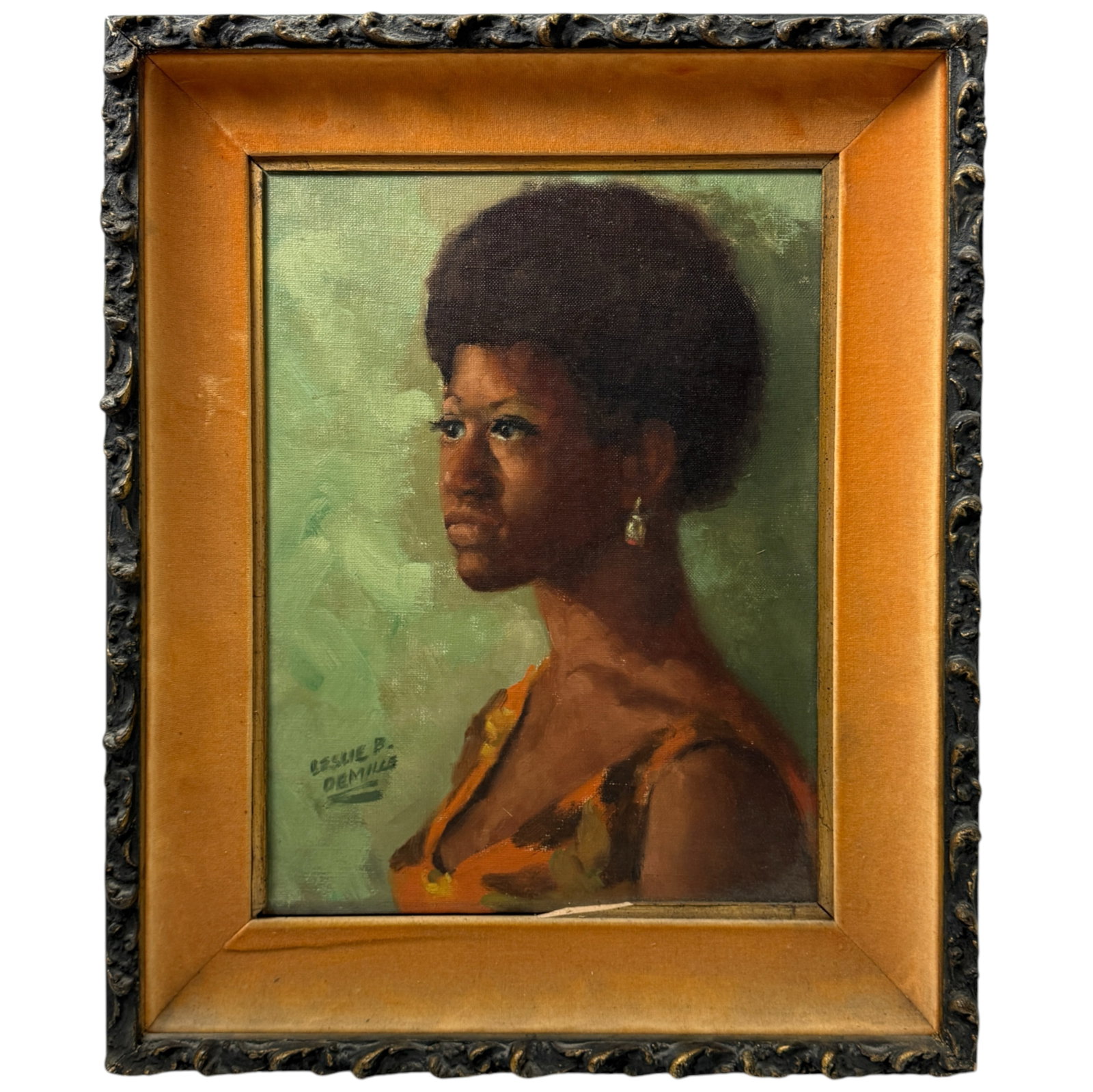 Oil Painting On Canvas Of Black Woman Signed by Leslie Benjamin DeMille: measures with frame at 17x21