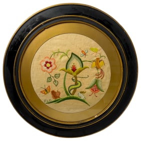 Antique Crewel Tapestry With Origional Frame