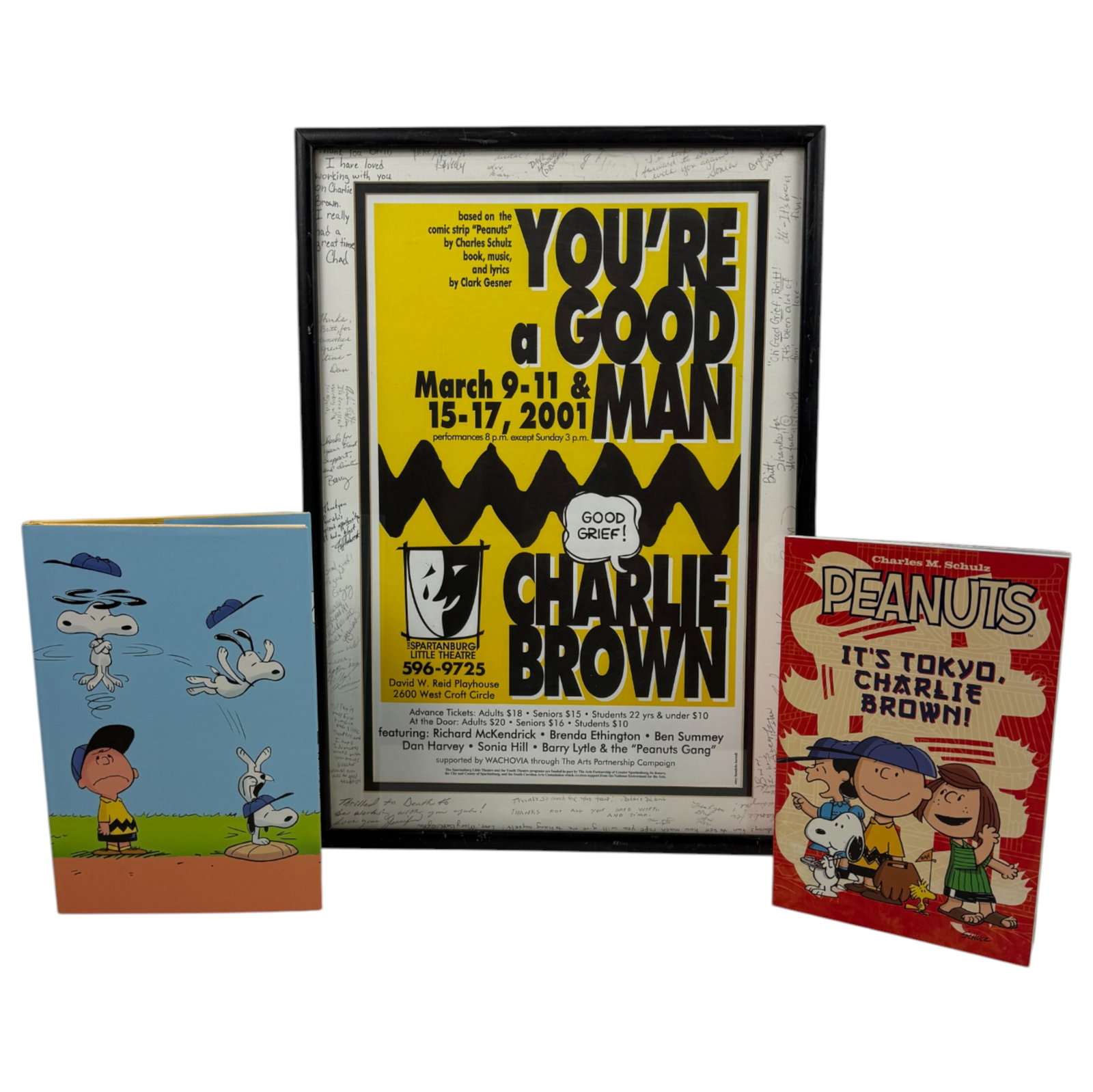Vintage Charlie Brown Illustration Art: Vintage Wall Advertisement For You're A Good Man Charlie Brown play at the Spartanburgh Little Theater Signed by the Actors and Cast members, plus 2 books(Peanuts It's Tokyo, Charlie Brown & Peanuts V