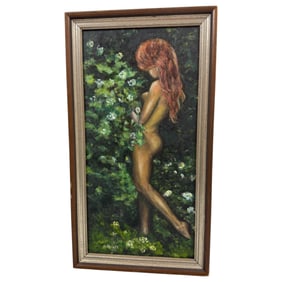 Vintage Nude Woman in Garden Oil Painting Canvas By A. Sterieff