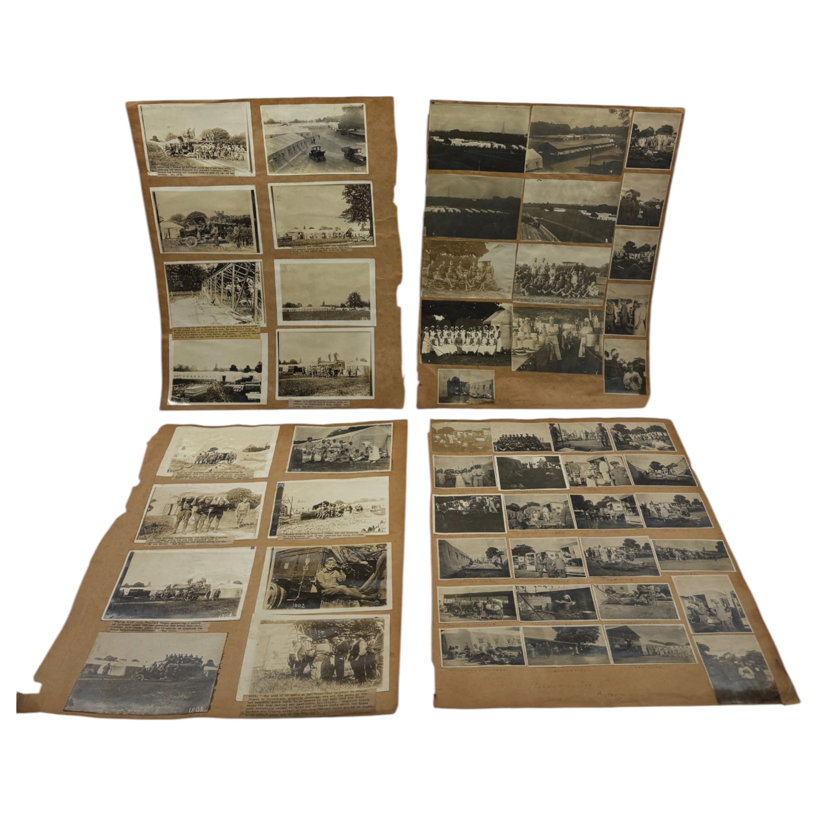 Antique American Red Cross Ephemora& Photos: includes 4 lose double-sided pages of photos of Red Cross Workers and Vehicles and Bases, Circa 1910-1921, measurements are 17x22