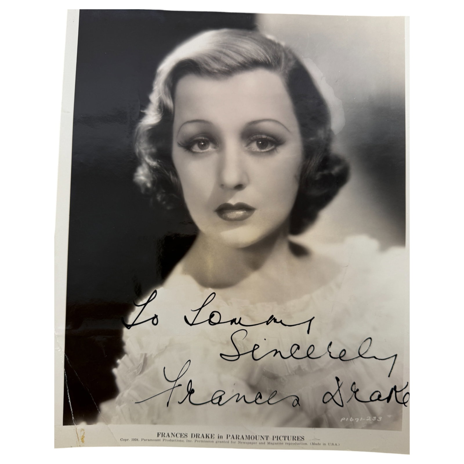 Vintage Hollywood Stars Signed 8x10 Photo of Francis Drake: Vintage Hollywood Stars Signed 8x10 Photo of Francis Drake