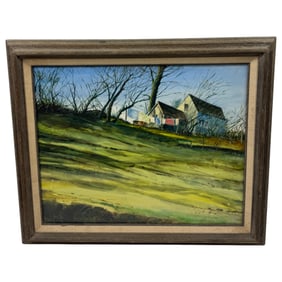 Vintage Watercolor of a cottage on a hill on ilustration board by Joe Maynard