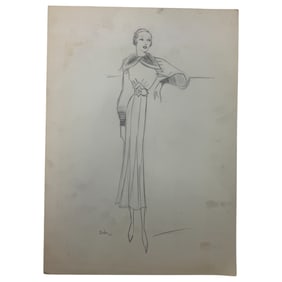 Christian Dior Fashion Design Sketch Pencil Drawing Signed & Dated