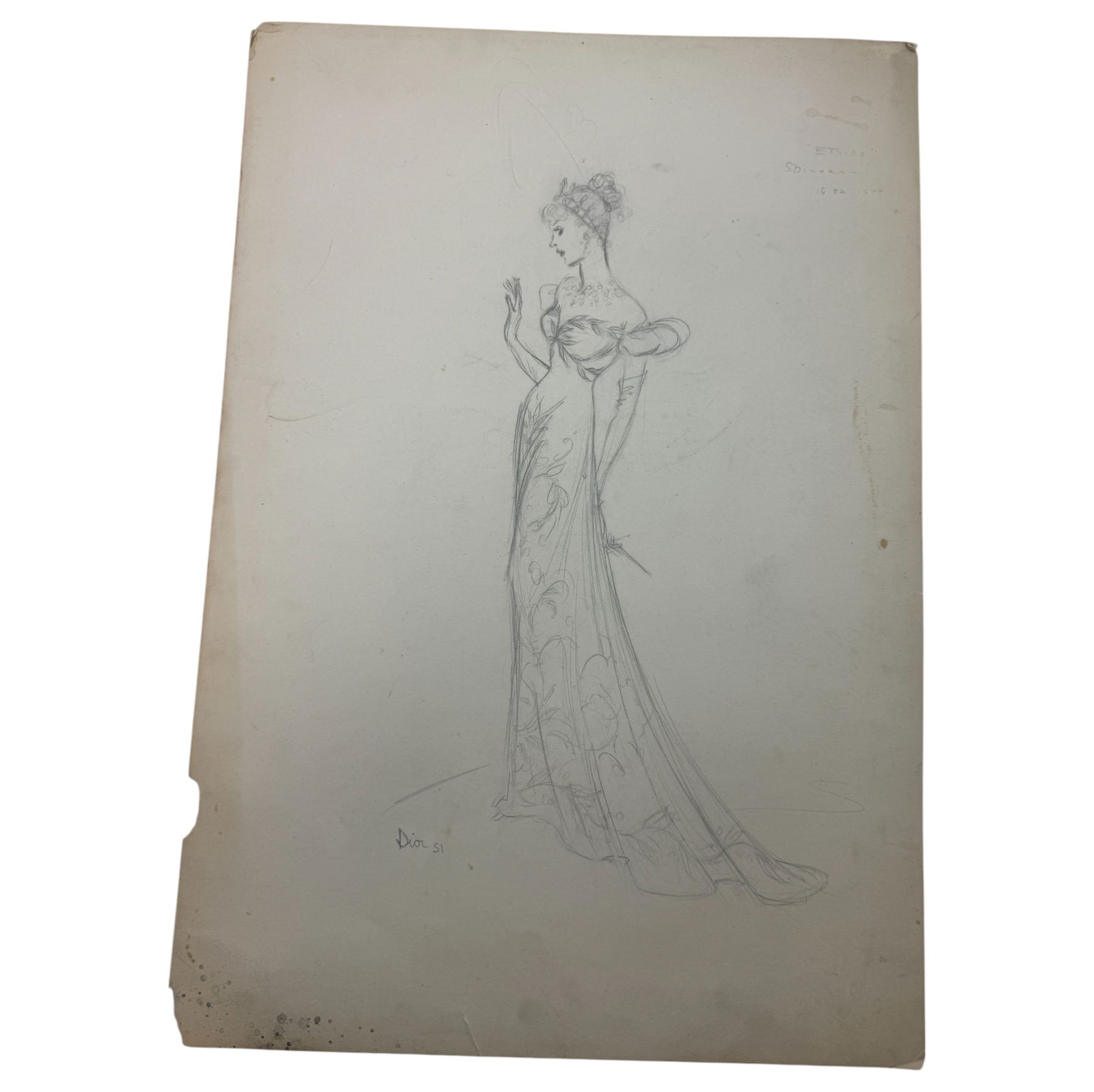Christian Dior Fashion Design Sketch Pencil Drawing Signed & Dated (1 of 3)