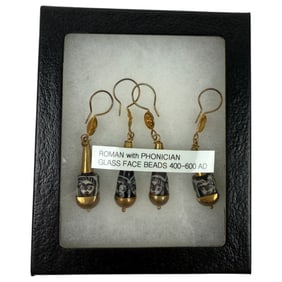 Ancient Roman Earrings with Phonician Glass Face Beads 400-600 AD