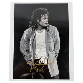Vintage Black and White Signed in Gold Photo of Michael Jackson