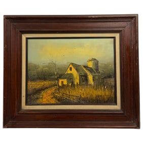 WILLIAM NEWPORT OLD BARN AND SILO OIL ON CANVAS LANDSCAPE PAINTING Signed on Bottom Right
