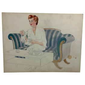 Vintage Norman Rockwell Watercolor Pencil Sketch Unfinished Art 1950 Daily Evening Magazine, Signed