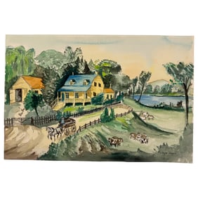Rural Countryside Watercolor on Paper Signed By Aline Blender on the Bottom Right