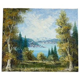 Vintage Landscape Harbor Oil on Canvas Signed By Unknown Artist on the Bottom Right