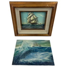Vintage Nautical Art, Morton Rudnik Oil on Board Ocean Scene, Vintage 3D Clipper Ship at Sea Framed