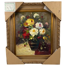 Vintage Signed Oil on Canvas Still Life Painting of Flowers Signed w/ COA