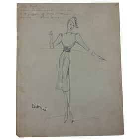 Christian Dior Fashion Design Sketch Pencil Drawing Signed & Dated