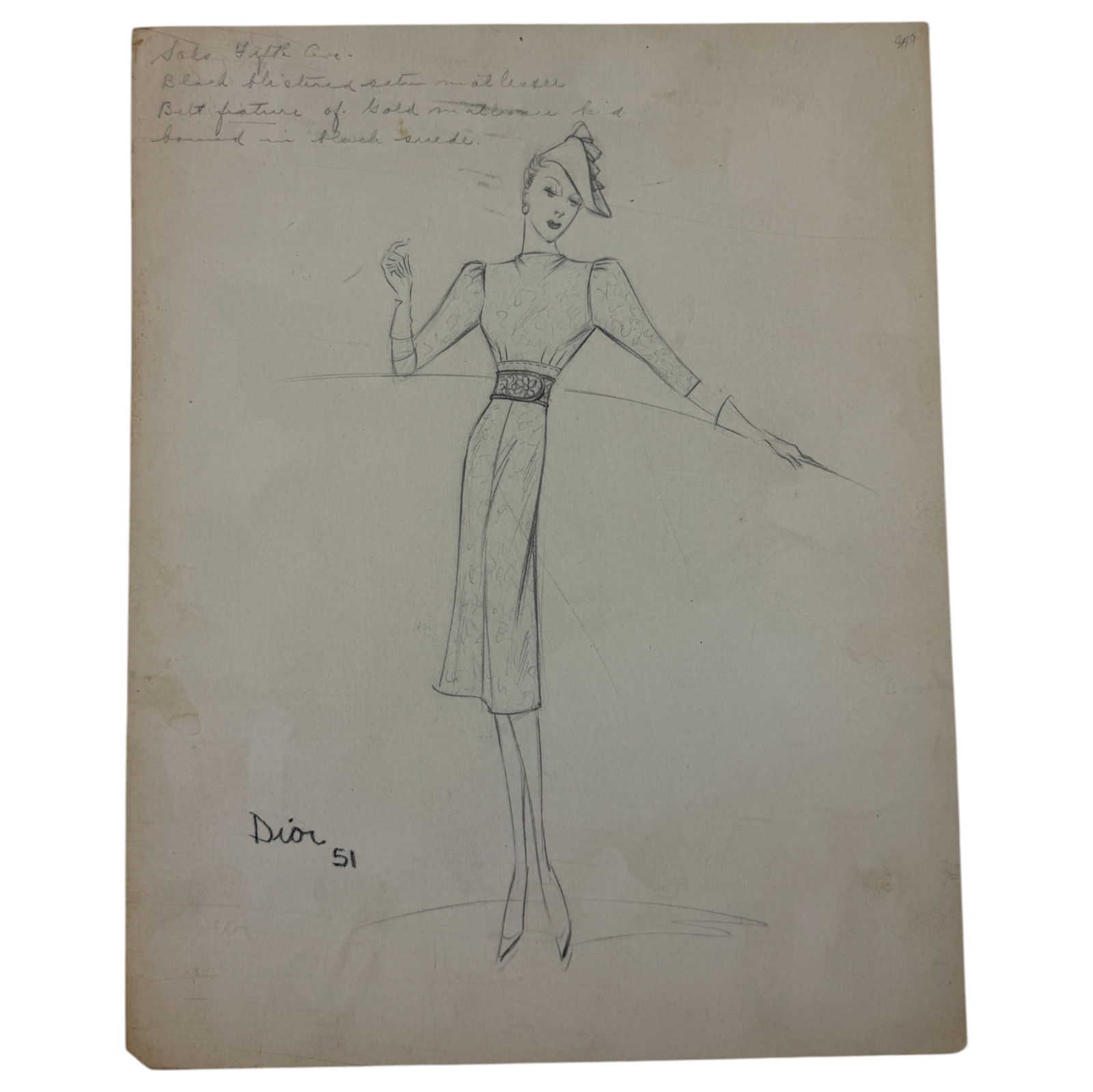 Christian Dior Fashion Design Sketch Pencil Drawing Signed & Dated (1 of 4)