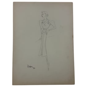 Christian Dior Fashion Design Sketch Pencil Drawing Signed & Dated