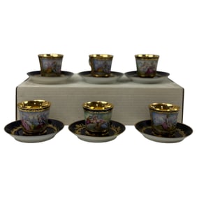 French Sevres Cobalt Blue Gold Gilded Porcelain Hand Painted Cups set of 6