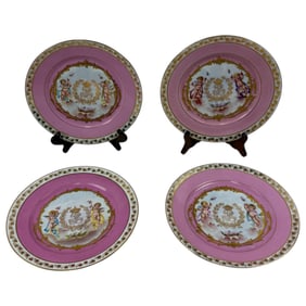 French Sevres Pink Ground Porcelain Painted Plates 9.5" SET OF 4