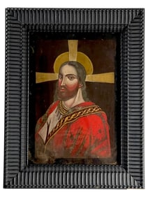 Antique Religious Oil on Metal Icon Paiting of Jesus Christ